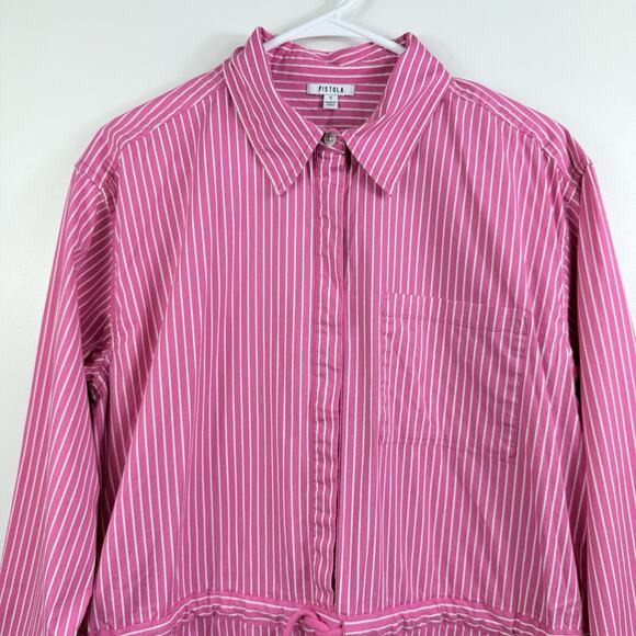 Pistola Amelie Pink White Pinstriped Romper Small Long Sleeved Collared Preppy - Picture 3 of 14